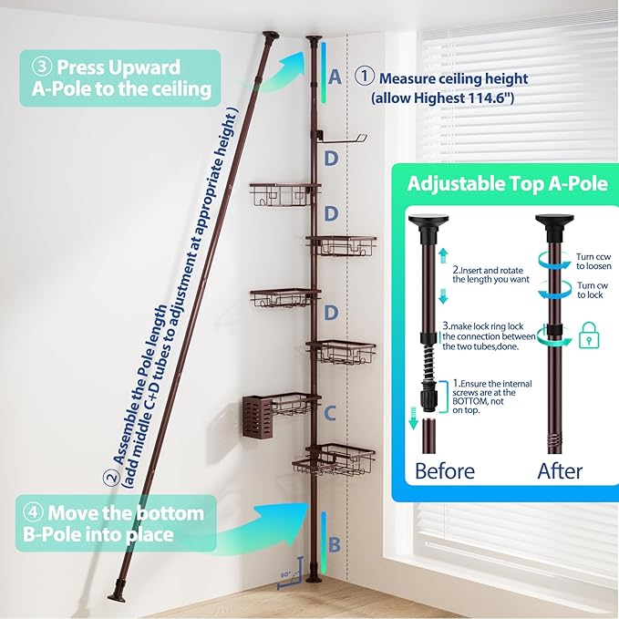Mixoo Corner Shower Caddy Tension Pole - Adjustable 30 to 120 Inch Shower Organizer with 6 Shelves, Towel Rack, Toothbrush Holder, Soap Dish, Bathroom Corner Storage for Shower, Bathtub (Bronze)
