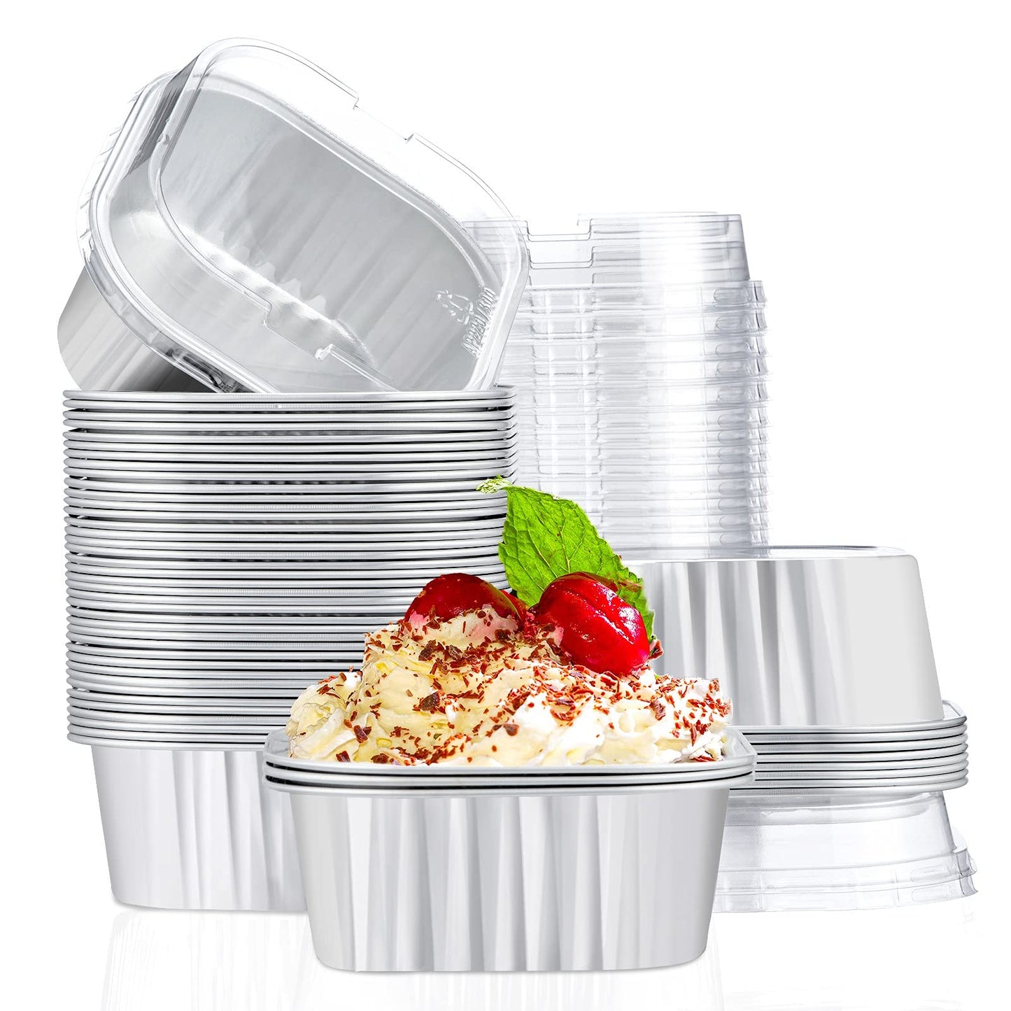 EUSOAR Creme Brulee Ramekins Disposable, 50pcs 10oz Cupcake Liners Foil Baking Cups with Lids, Aluminum Muffin Cups Square Dessert Wrappers Mini Cake Loaf Bread Pans for Wedding Birthday Party