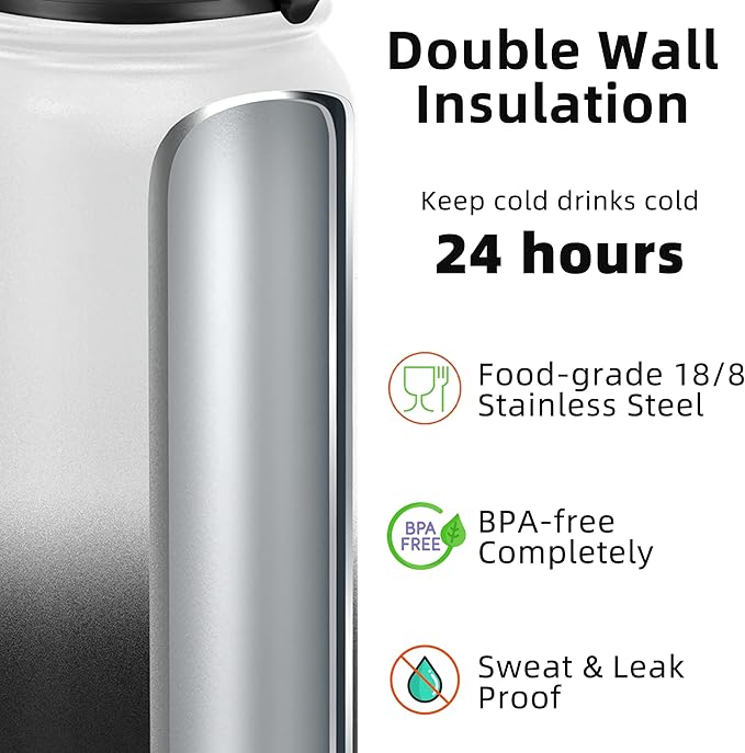 Fanhaw 20 oz Insulated Stainless Steel Water Bottle with Anti-Dust Chug Lid, Leakproof Vacuum Metal Bottle for Kids, Women & Men (White Black)