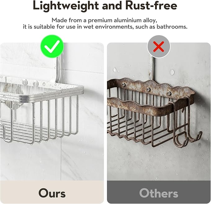 Shower Caddy Hanging, Shower Organizer Hanging, Aluminum Shower Racks for Inside Shower with Hooks for Razor, Never Rust Bathroom Organizers and Storage with Soap Holder, Bright Silver