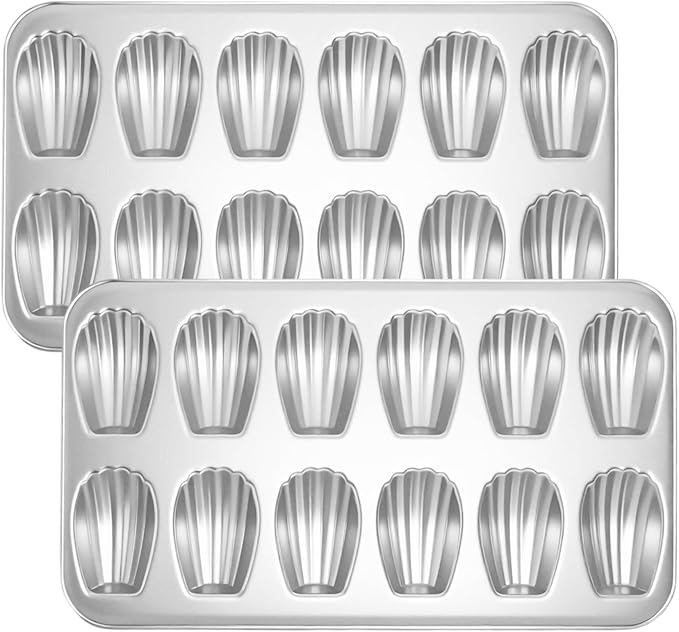 Shinsin Madeleine Pans Set of 2, Nonstick 12-Cavity Madeleines Mold Cookie Tray for Baking, Heavy Duty Warp Resistant Cute Shell Shape Madeleine Mold Cake Pan-Gold
