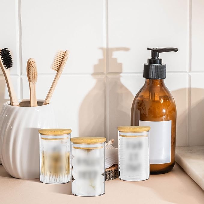 Tessco 6 Pcs Apothecary Jars Glass Jars with Lids for Bathroom Qtip Holder Glass Cotton Ball Holder for Home Bathroom Farmhouse Storage Containers Makeup Organizer Decoration