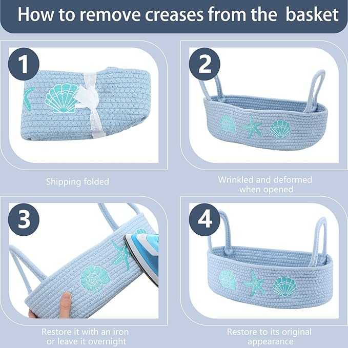 Vesici Ocean Woven Toilet Paper Basket Boho Coastal Cotton Rope Bathroom Countertop Organizer with Starfish Seashell Blue Bathroom Storage Decor for Toilet Closet Nursery Organizing, 13 x 6 x 4 Inch