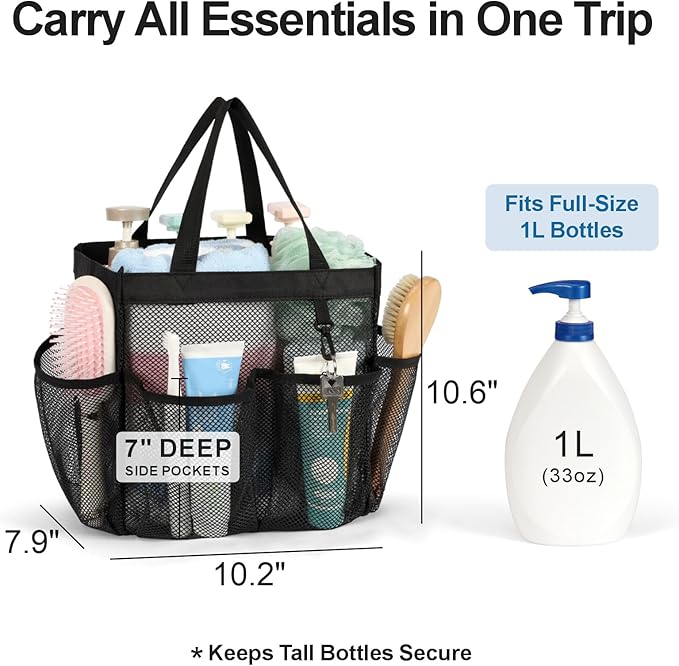 F-color Mesh Shower Caddy Portable, Upgrade Deeper 7 Pockets Shower Bag Basket Tote for College Dorm Room Toiletry Bathroom Essentials Gym Camp Quick Dry 2 handles with S Hook, Black