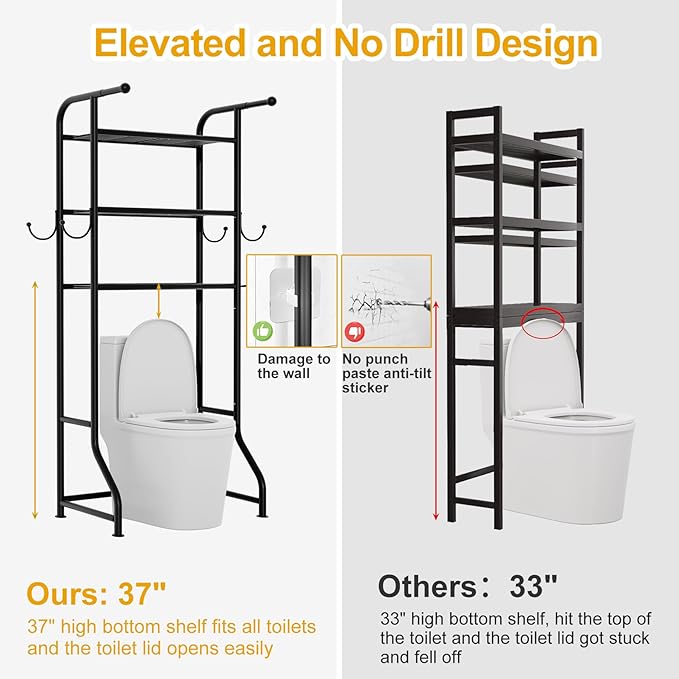 3-Tier Over The Toilet Storage Shelf，Bathroom Organizers and Storage Over Toilet，Metal Bathroom Space Saver with 2 Bars，1 Paper Holder and 4 Hooks,Black