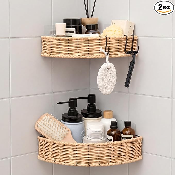 GRANNY SAYS 2 Pack Wicker Corner Shower Caddy Hanging, Shower Shelf for Inside Showers, Adhesive Shelves for Bathroom Organizers and Storage, Bathroom Shelves Wall Mounted for Home Decor, Natural