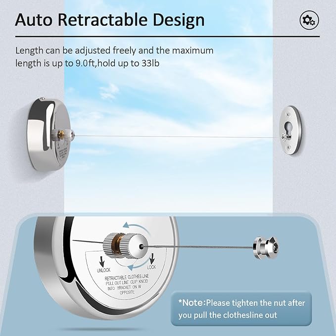 Retractable Clothesline 9.0 Feets, 304 Stainless Steel Clothes Line Dryer with Heavy Duty Adjustable Stainless Steel Rope String for Hanging Drying Bathroom, Laundry, Hotel, Indoor & Outdoor