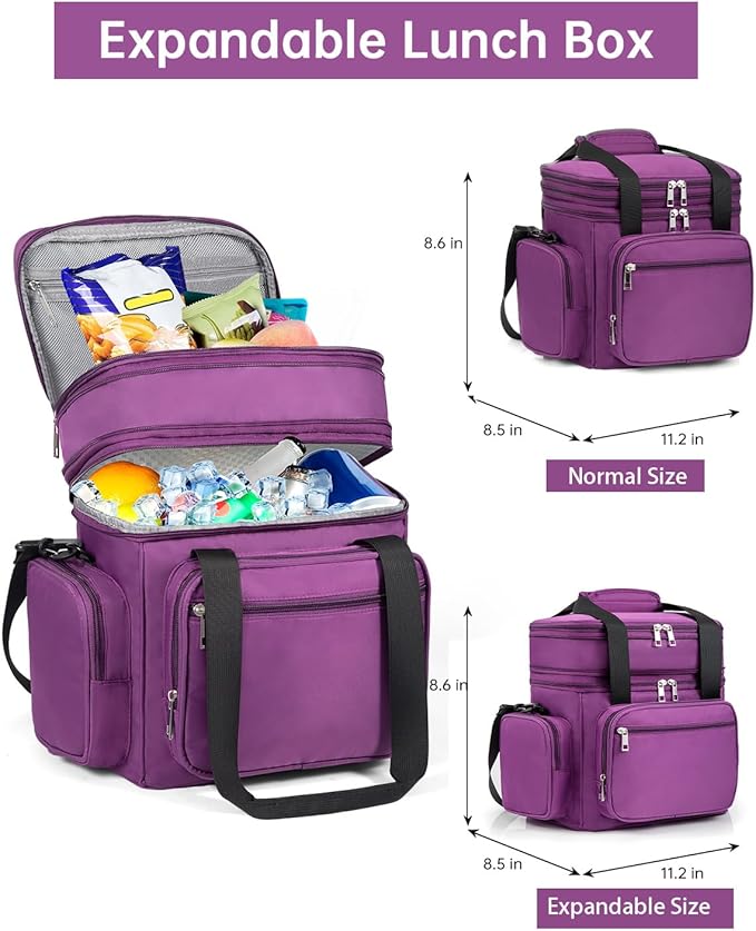 Expandable Insulated Lunch Box, Large Lightweight Lunch Cooler Bag Leakproof Lunch Pail for Women Adults Work Office Outdoor Picnic Trips,16L,Purple
