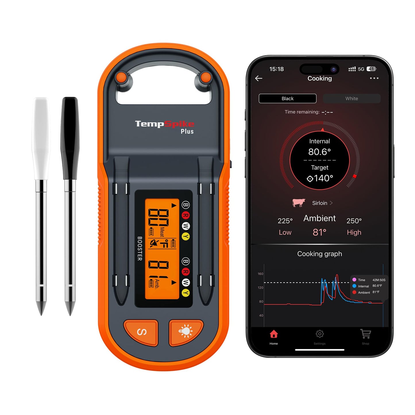 TempPro TempSpike 600ft Wireless Meat Thermometer with 2 Color-Coded Probes