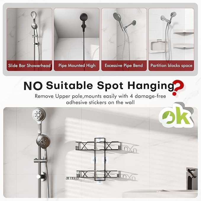 Stainless Steel Hanging Shower Caddy for Handheld Shower Heads,Adjustable Height Extra Long Bathroom Shower Organizer Hanger Rack with Hooks,Soap Holder