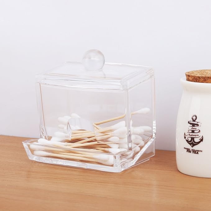 Luxspire Acrylic Q-Tip cottonswab Storage Dispenser, Clear Cotton Ball Swab Holder Cotton Bud Storage Box, Cosmetics Makeup Storage Holder Box Organizer Container with Lid, Size A (canisters)