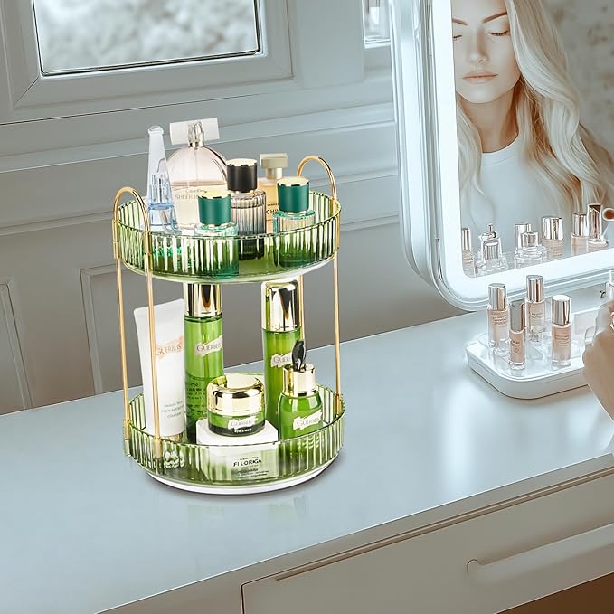 360 Rotating Makeup Organizer, 2 Tier Lazy Susan Bathroom Counter Organizer, Skincare Organizers, Spinning Perfume Organizer & Vanity Organizer Countertop (Gem Green, 2 Tier)