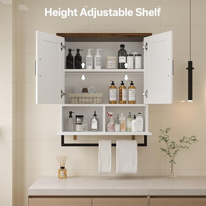Farmhouse Bathroom Wall Cabinet with Adjustable Shelves & Towel Racks, White Wall Mounted Medicine Cabinet, Over The Toilet Storage Cabinet for Bathroom, Kitchen, Laundry Room