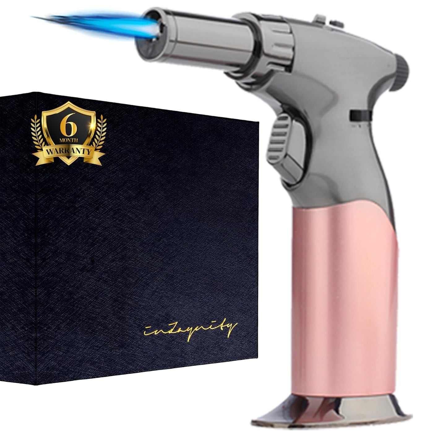 Dual Flame Butane Torch - Refillable Handheld Blow Torch for Cooking, Soldering, & Resin Art w/Adjustable Flame & Ignition Lock - Kitchen Blow Torch & Luxurious Gift Box by inZaynity® - Brown Steel