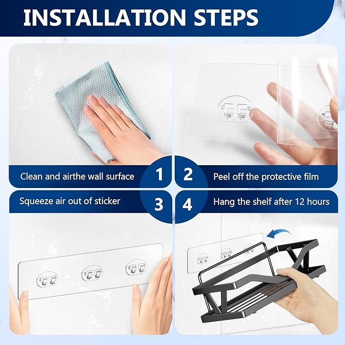 14 Pack Shower Caddy Adhesive Replacement, Strong Adhesive Hooks, Waterproof Shower Adhesive Strips, No Drilling, for Bathroom Storage Shelves and Kitchen Racks