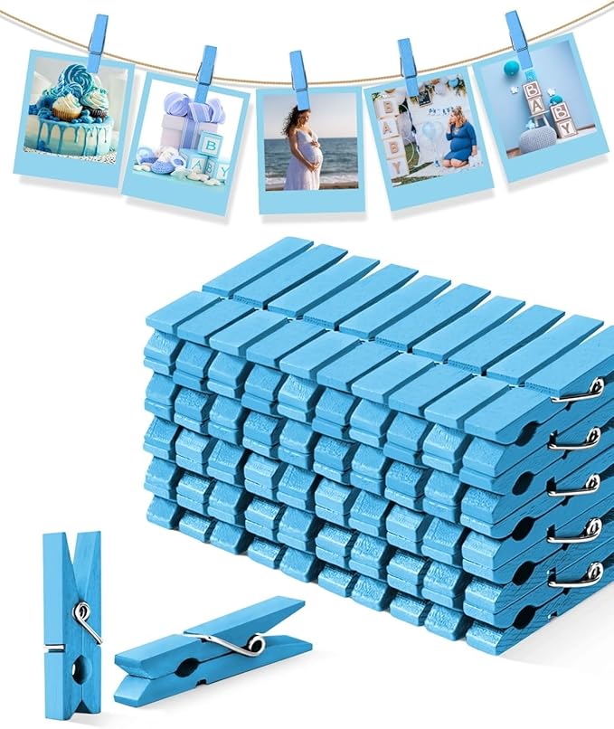 Blue Clothes Pins for Baby Shower, Mini Wooden Clothespins 1.4 Inch 50 PCS, Colored Tiny Clips Close Pin for Classroom Crafts Project Decorations Hanging Artwork Display Pegs