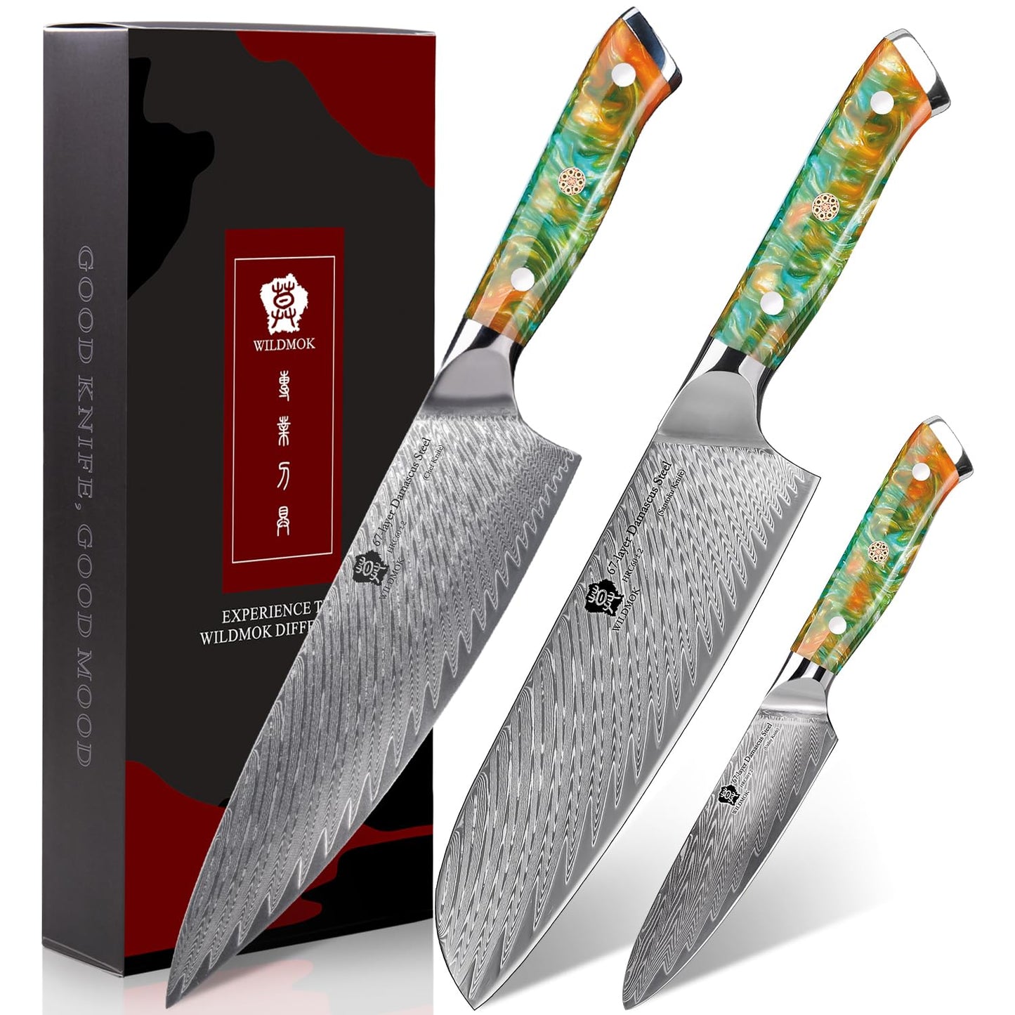 WILDMOK Damascus Kitchen Knife Set, Chef Knife Set, Sharp Damascus Steel Forged Blade Kitchen Knives Set with Ergonomic Resin Handle