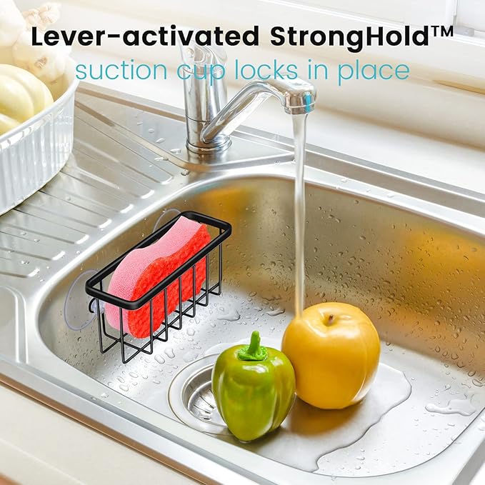 Kitchen Sink Sponge Holder, Kitchen Sink Caddy, Sponge Holder for Kitchen Sink Suction, Dish Soap Holder (Black)