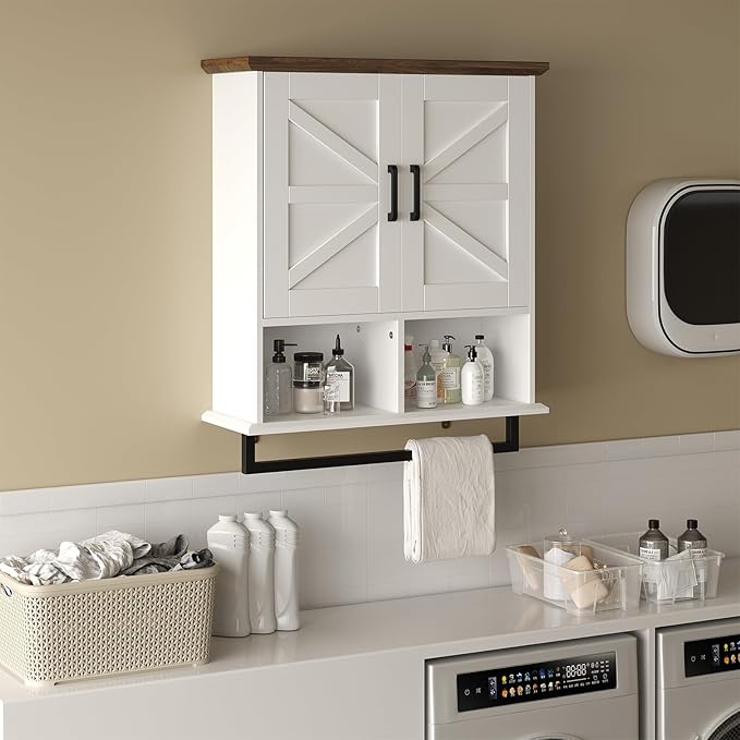 Farmhouse Bathroom Wall Cabinet with Adjustable Shelves & Towel Racks, White Wall Mounted Medicine Cabinet, Over The Toilet Storage Cabinet for Bathroom, Kitchen, Laundry Room