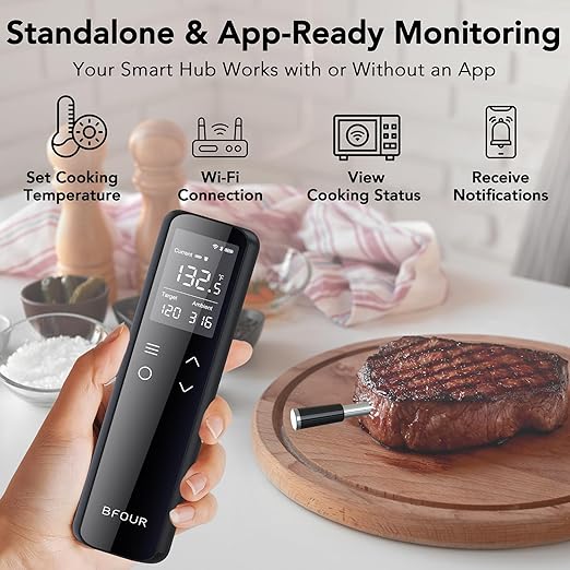 Wireless Meat Thermometer Bluetooth with Digital Standalone Base, WiFi Unlimited Range, 6 Precision Sensor, IP67 Waterproof and Heat Resistant, Kitchen Essentials for Oven BBQ Grilling and Smoking