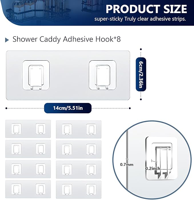 Shower Caddy Adhesive Replacement Hooks, Strong Waterproof Strips, No Drilling for Bathroom Shelves, Kitchen Racks, and Soap Holders (Transparent-8Pack 2Hook)