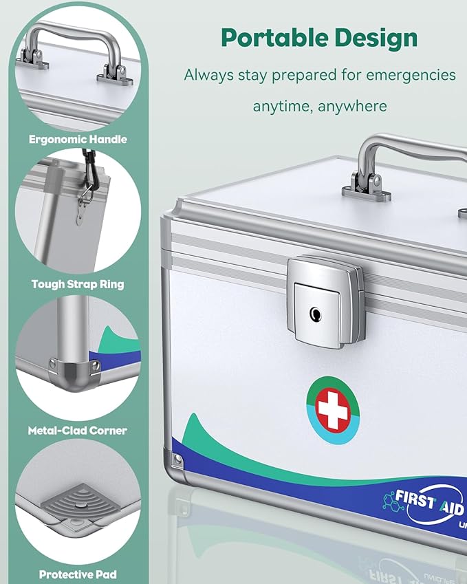 Uniclife Medicine Lock Box First Aid Box with Key Lock, Handle & Shoulder Strap Portable Medication Lockable Kit Metal Lockable Medicine Storage Security Lock Boxs for Medications, 12" x 7" x 7.5"
