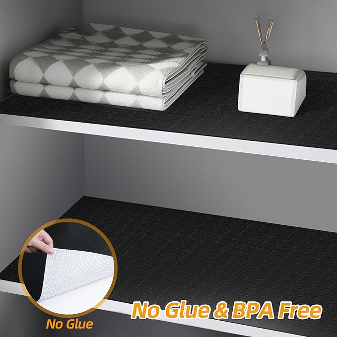 Shelf and Drawer Liner for Kitchen Cabinets Non-Adhesive, Strong Grip Non-Slip Thickened Cabinet Liners for Shelves, Waterproof Mats for Dresser Cupboard, Black, 23 in x 20 Feet