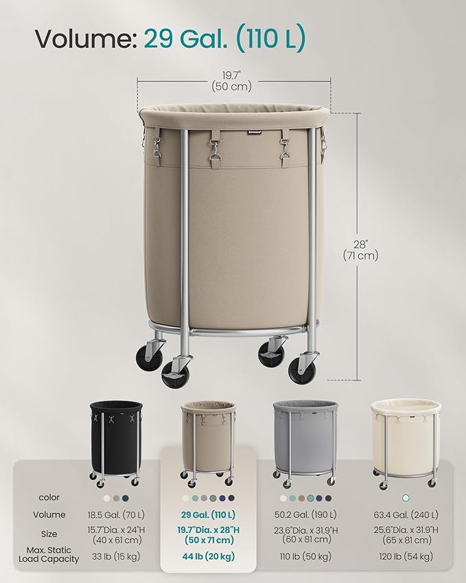 SONGMICS 29-Gallon (110 L) Laundry Basket with Wheels, Rolling Round Heavy-Duty Laundry Hamper Cart with Steel Frame and Removable Bag, 2 Locking Wheels, Camel Brown and Metallic Silver URLS002N01