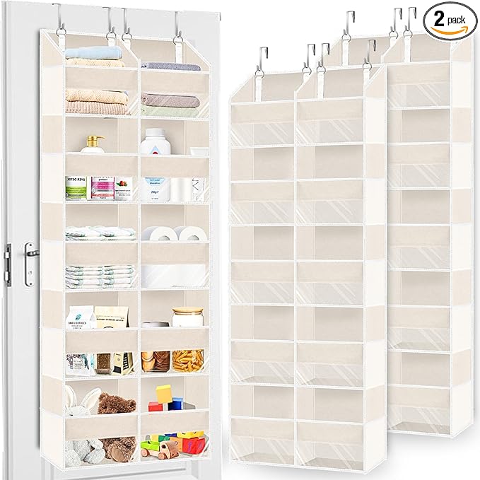 2 Pack Over the Door Organizer 5 Tiers, Extra Large Behind Door Storage of 10 Compartments, 80 lbs Weight Capacity Over Door Organizer, Door Hanging Organizer for Closet, Diaper Organizer, Beige