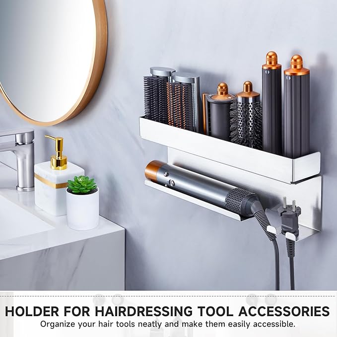 Storage Hair Dryer Holder for Curling Iron Wands Accessories, Hair Straightener Holder, Wall Mount Hair Tool Organizer for Styler Attachments, Curling Iron Holder Organizer for Bathroom, Silver
