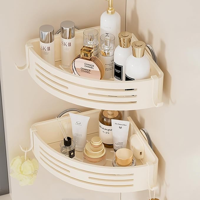 ONXE Corner Shower Caddy Suction Cup,Shower Shelves with Hooks,No Drilling Powerful Suction Bathroom Organizers and Storage,Removable Waterproof Rustproof Metal Shower Bathroom Decor (2 Pack-White)