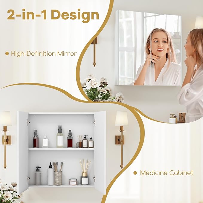 Tangkula Mirrored Medicine Cabinet, Bathroom Wall Hanging Cabinet with Double Mirrored Doors & Adjustable Shelf, Wall-Mounted Bathroom Storage Organizer, White, 24.5 x 4.5 x 25.5 Inches