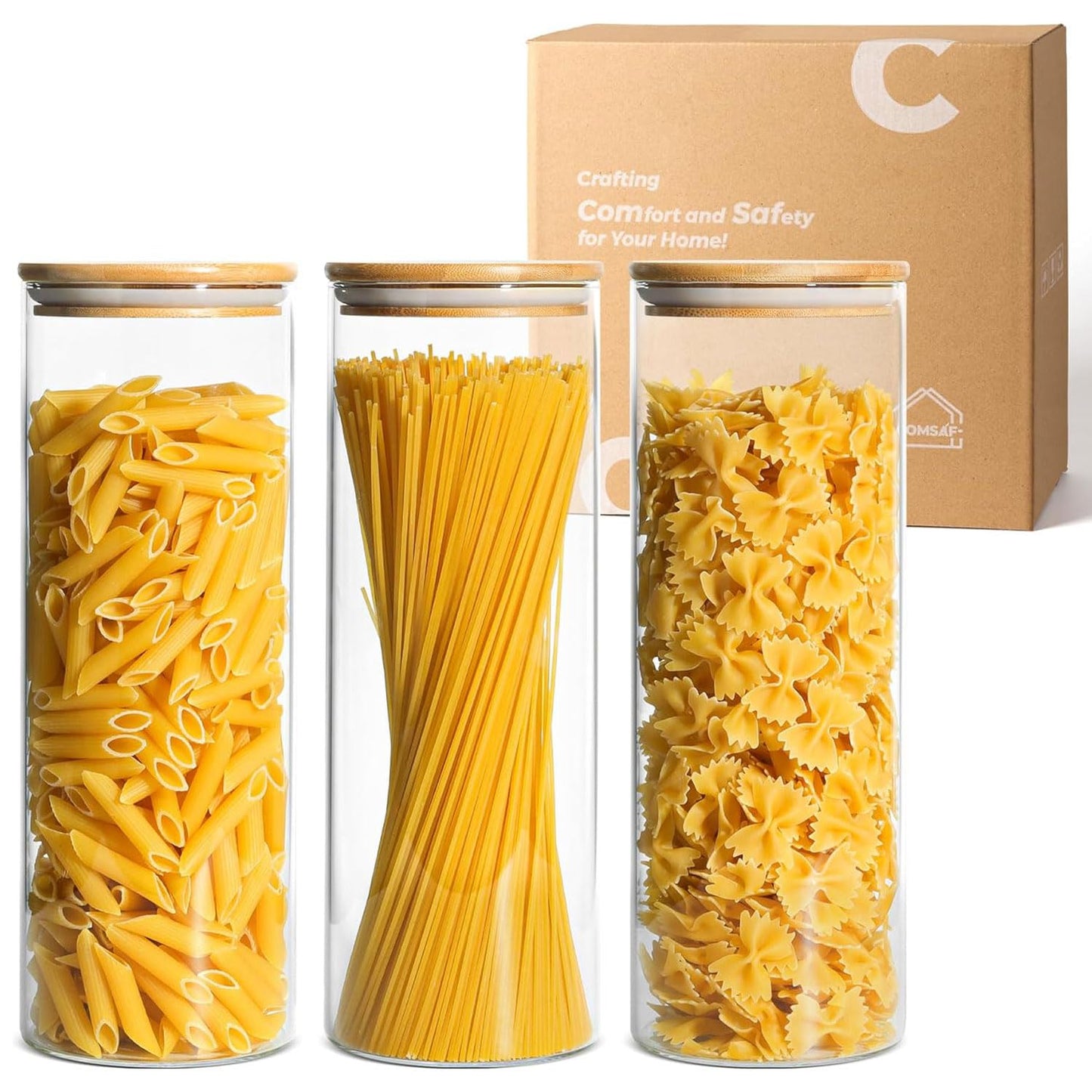 ComSaf Glass Storage Jars 6 Pack, Pasta Containers, Pantry Organization