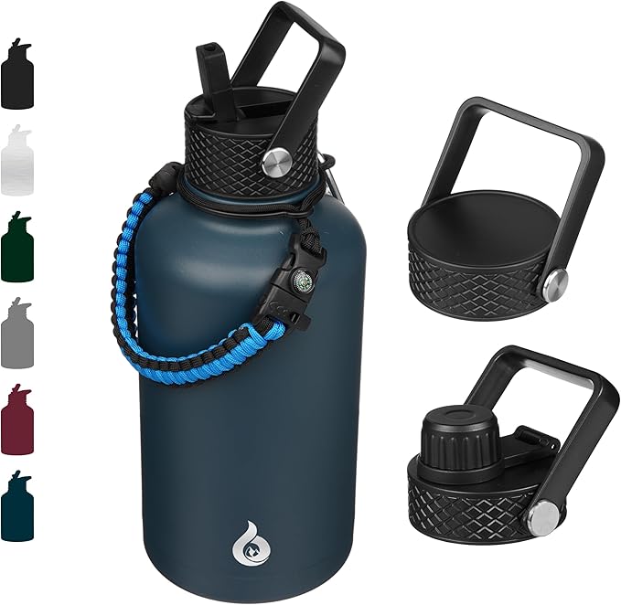 BJPKPK Half Gallon Insulated Water Bottles with Straw Lid, 64oz Large Water Jug, Stainless Steel Bottles with 3 Lids and Paracord Handle, Thermo for Hot & Cold Liquid, Navy Blue