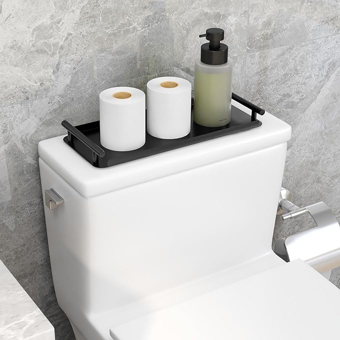 Toilet Paper Basket, Stainless Steel Toilet Tank Tray with Handle for Organizing - Toilet Paper Basket Storage for Toilet Tank, Bathroom, Kitchen Counter (Black)