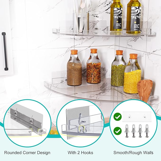 Acrylic Corner Shower Shelves,Adhesive Shower Caddy Organizer for Bathroom Storage Home Decor,Clear, RustProof, No Drilling Bathroom Wall Shelf,2-Pack