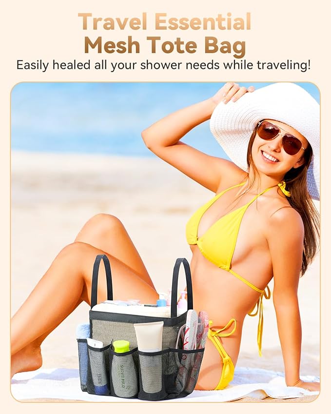 Temede Mesh Shower Caddy Tote, Large Shower Caddy Basket Portable, Quick Dry Hanging Toiletry Bag, 8 Storage Pocket Handle Bath Organizer for College Dorm, Gym, Camp, Travel
