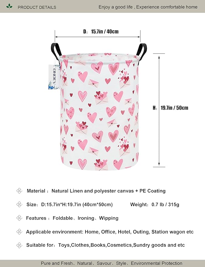 Round waterproof laundry basket,laundry Hampers with handle,gift basket,suitable for children's room and toy storage (Pink Love)