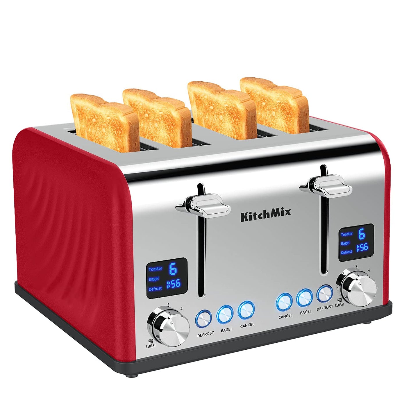 Toaster 4 Slice, KitchMix Bagel Stainless Toaster with LCD Timer, Extra Wide Slots, Dual Screen, Removal Crumb Tray (White)