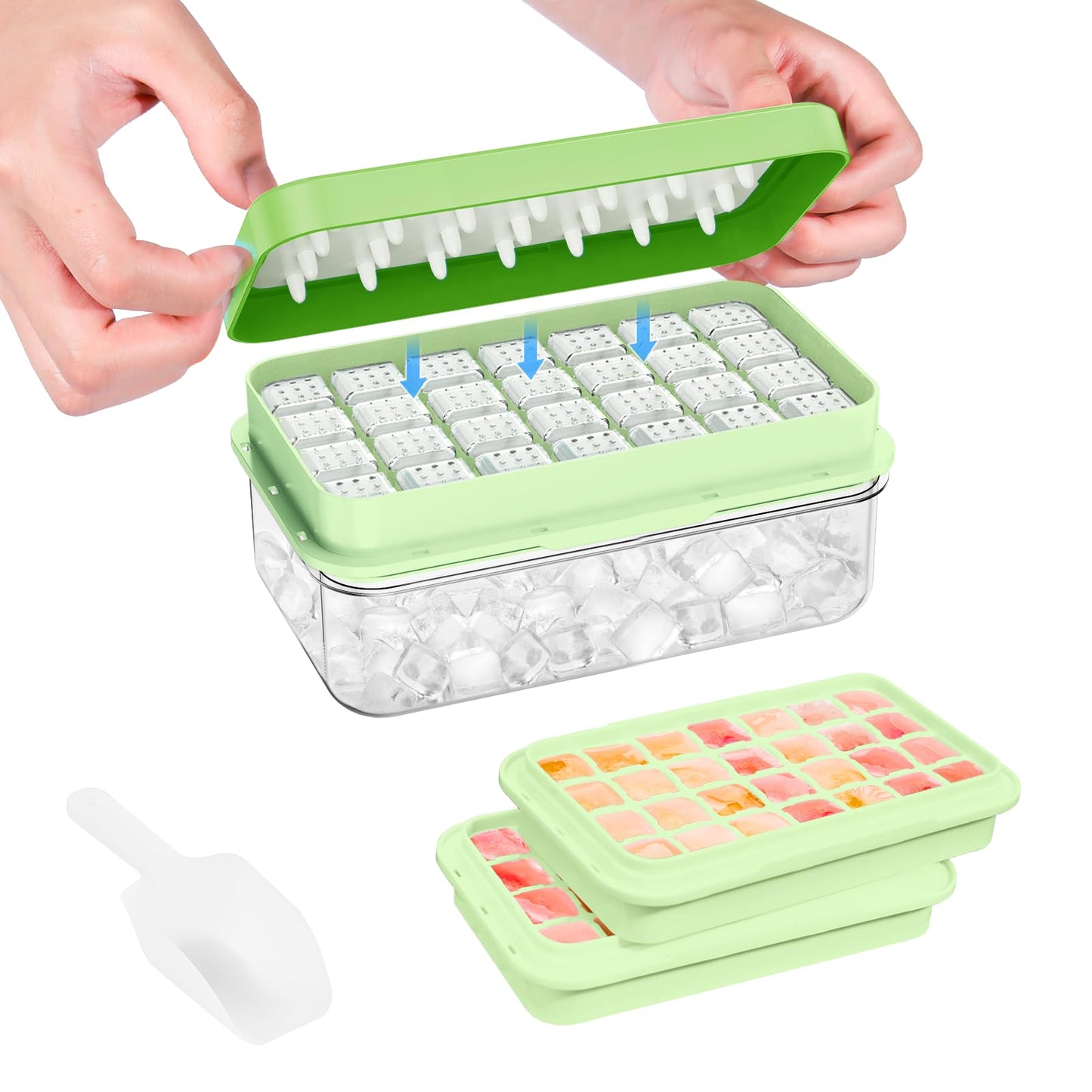 PHINOX Ice Cube Tray with Lid and Bin, Easy Release 56 Cubes for Freezer