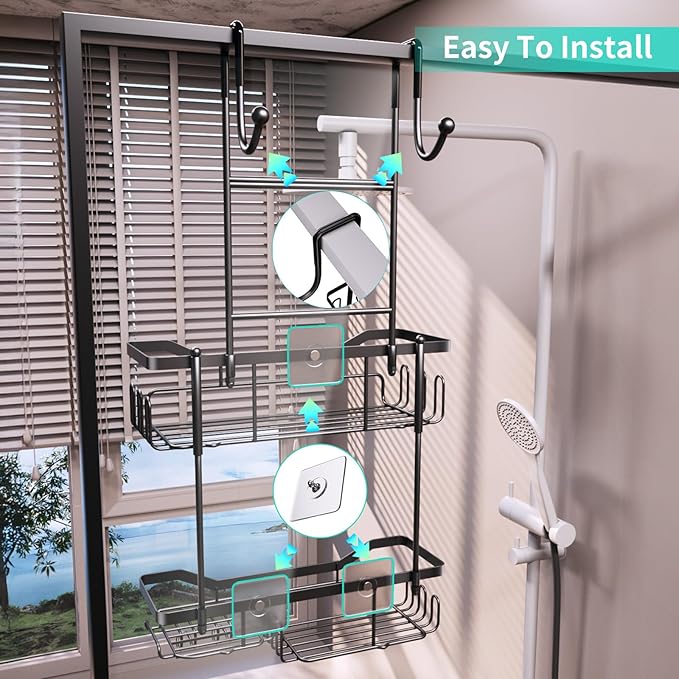 HapiRm Hanging Shower Caddy Over the Door with Soap Holder, No Drilling Adhesive Shower Organizer with 11 Hooks, Rustproof & Waterproof 304 Stainless Steel Bathroom Shelves - Black