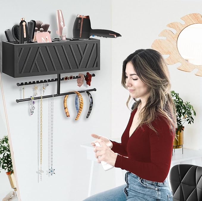 Rustic Hair Dryer Holder Wall Mounted,Hair Styling Tools & Accessories Organizer,Bathroom Supplies & hot Tools vanities Organizer Caddy,for Storage Flat Iron,Blow Dryer,Curling Iron,Towel