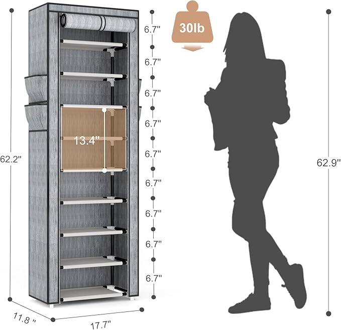Shoe Rack with Cover Narrow Shoe Rack Organizer with 4 Side Pockets 10 Tier Tall Shoe Storage Shoe Shelf Holds 18-22 Pairs Shoes and Boots Shoe Rack for Closet, Printing