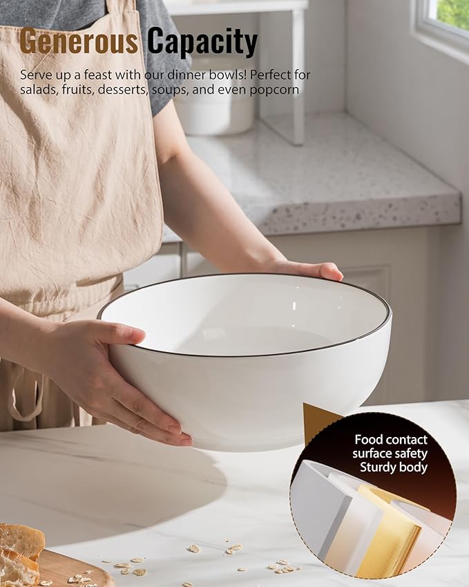 Dafuceramic Salad Bowls, 120 OZ(10") Large Serving Bowls Set of 2, Ceramic White Serving Bowls for Salad, Soup, Pasta and Dinner, Large Porcelain Bowl Set for Entertaining with Black on the Rim