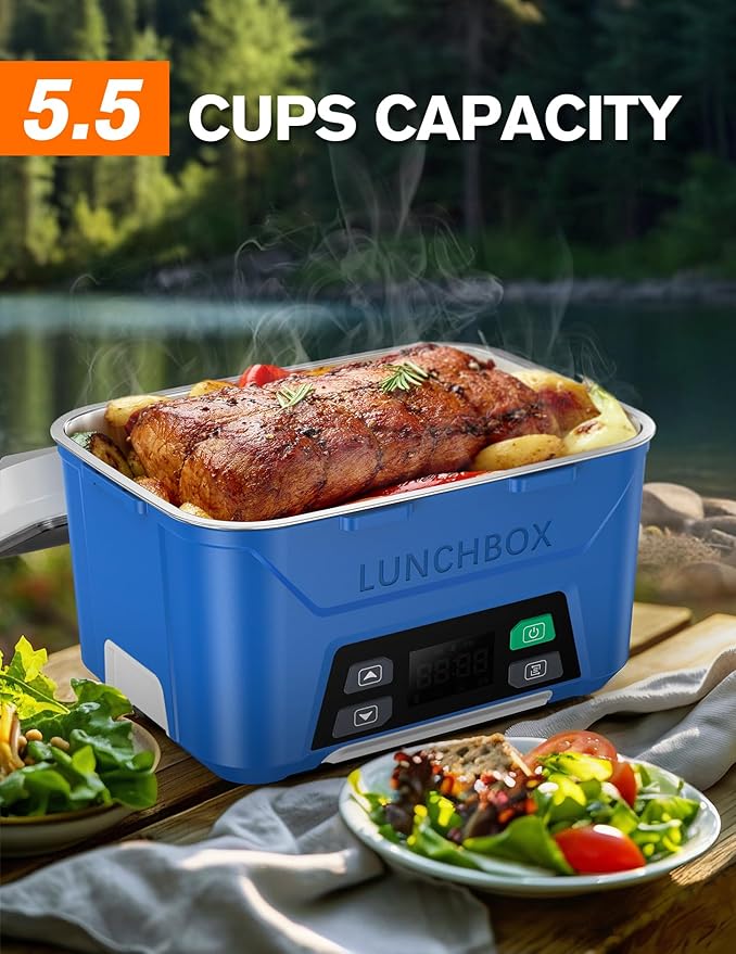 EAST OAK Cordless Electric Lunch Box for Adults, Heated Lunch Box Battery Powered with Automatic Heating, 5.5 Cups Portable Food Warmer with Removable Tray Divider