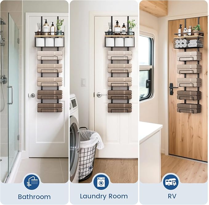 Towel Racks for Bathroom Over The Door Towel Racks Towel Storage Organizer with Metal Shelf Basket for Bathroom Rv Camper (7-Tier Black with Wood Plank)