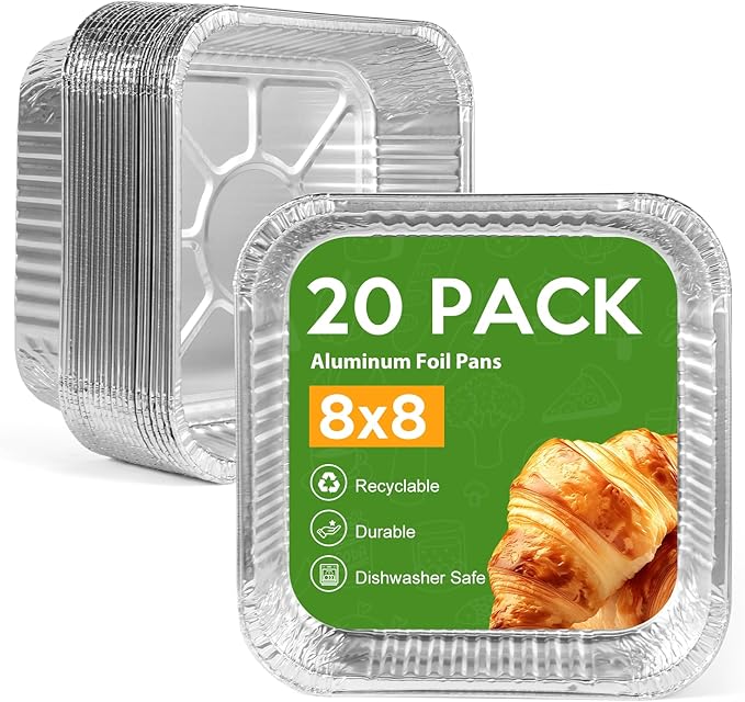 8"x8" Disposable Aluminum Foil Pans with lid - 20 Pack Square Baking Pans Disposable Food Containers with Lids Heavy Duty Tin Foil Pan for Baking Cake, Oven Cooking, Heating, Storing, Meal Prepping