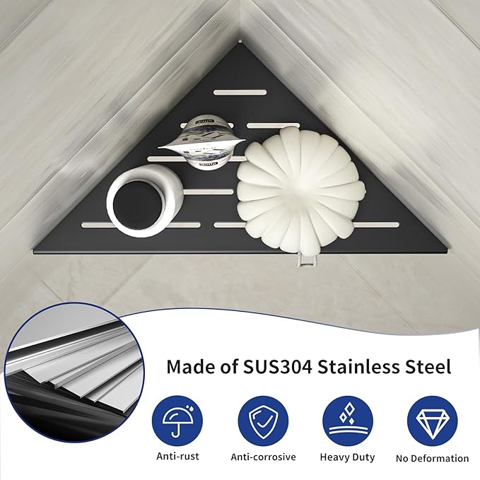 Corner Shower Shelf 10" Matte Black 304 Stainless Steel Slot Design Recessed Corner Shelves, Grout in Bathroom Shower Shelf for Tiled Wall, 2 Pack