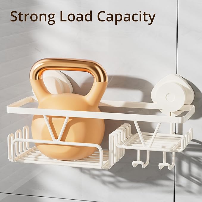 KEGII Shower Caddy Suction Cup with Soap Holder and Hooks, Removable Suction Bathroom Organizer Shelf, No Drilling Shower Organizer, Stainless Steel Shampoo Holder for Bathroom Storage, Cream White