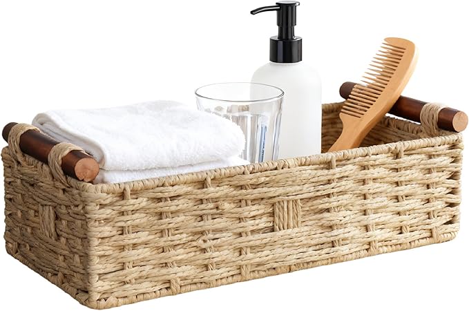 Toilet Tank Basket for Top of Toilet, Khaki Wicker Toilet Paper Basket (Holds 2 Rolls), Handwoven Paper Rope Toilet Tank Organizer with Wooden Handles, Bathroom Baskets for Organizing